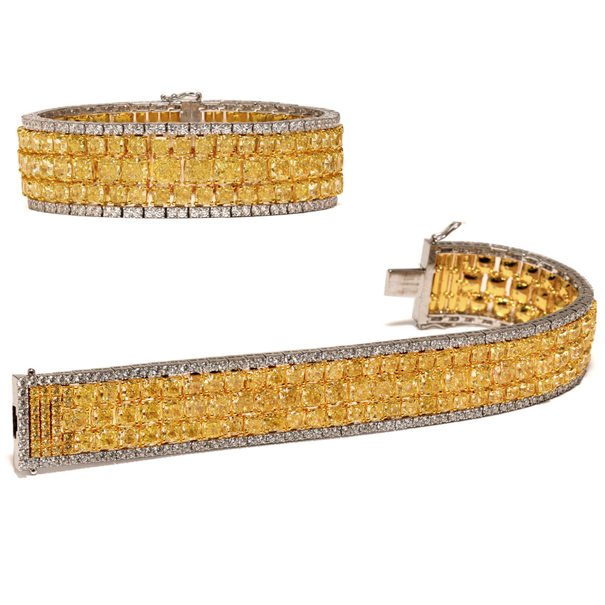 View 46.81 ct. Cushion Fancy Intense Yellow (Bracelet)